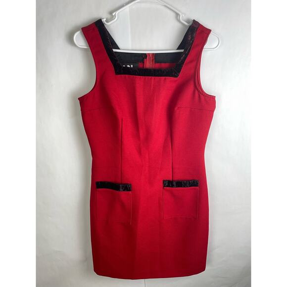 I.N. San Francisco Retro Red Square Neck Sleeveless Velvet Trim Sheath Dress - Picture 1 of 6